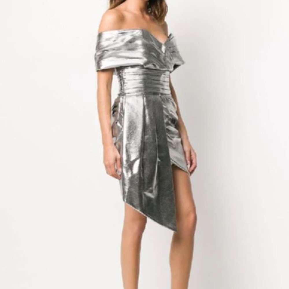 ALEXANDRE VAUTHIER Off-the-shoulder Gathered Lamé Mini Dress In Silver Size 38